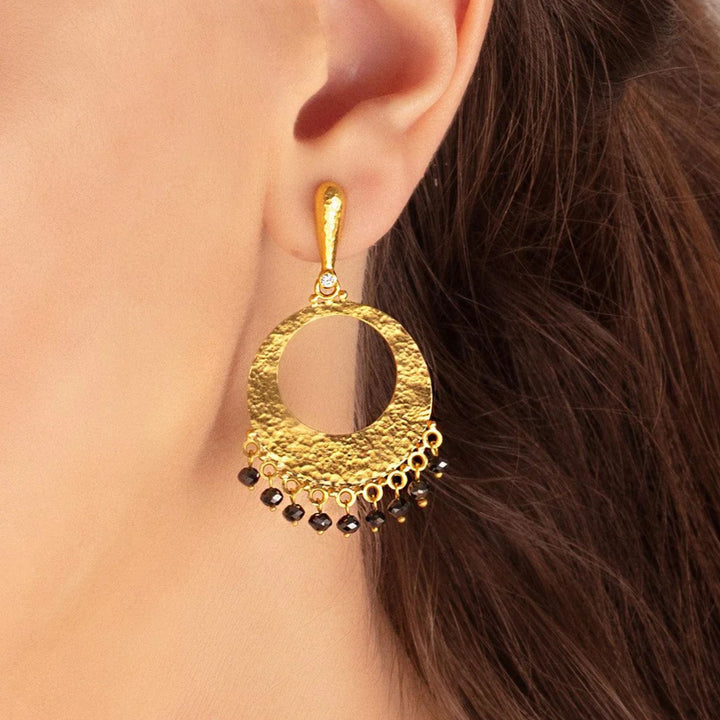 Lush Gold Black Diamond Single Drop Earrings, Large Open Center Flake on Top
