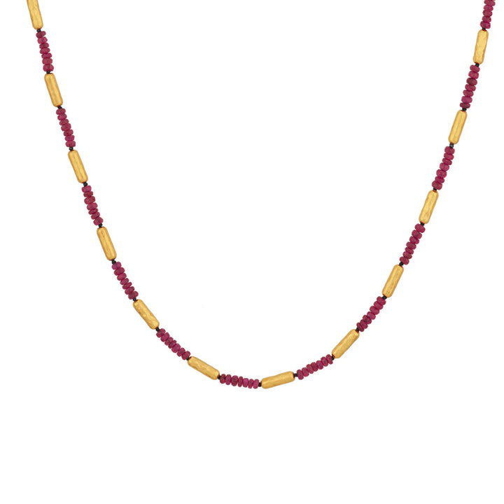 Vertigo Gold Ruby Single Strand Beaded Short Necklace, Thin Gold Tubes