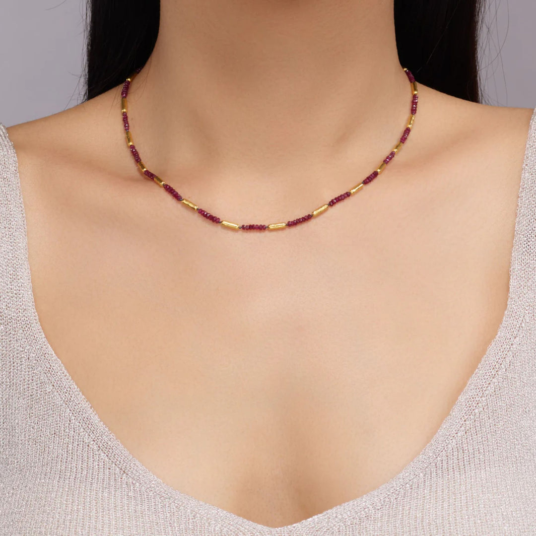 Vertigo Gold Ruby Single Strand Beaded Short Necklace, Thin Gold Tubes