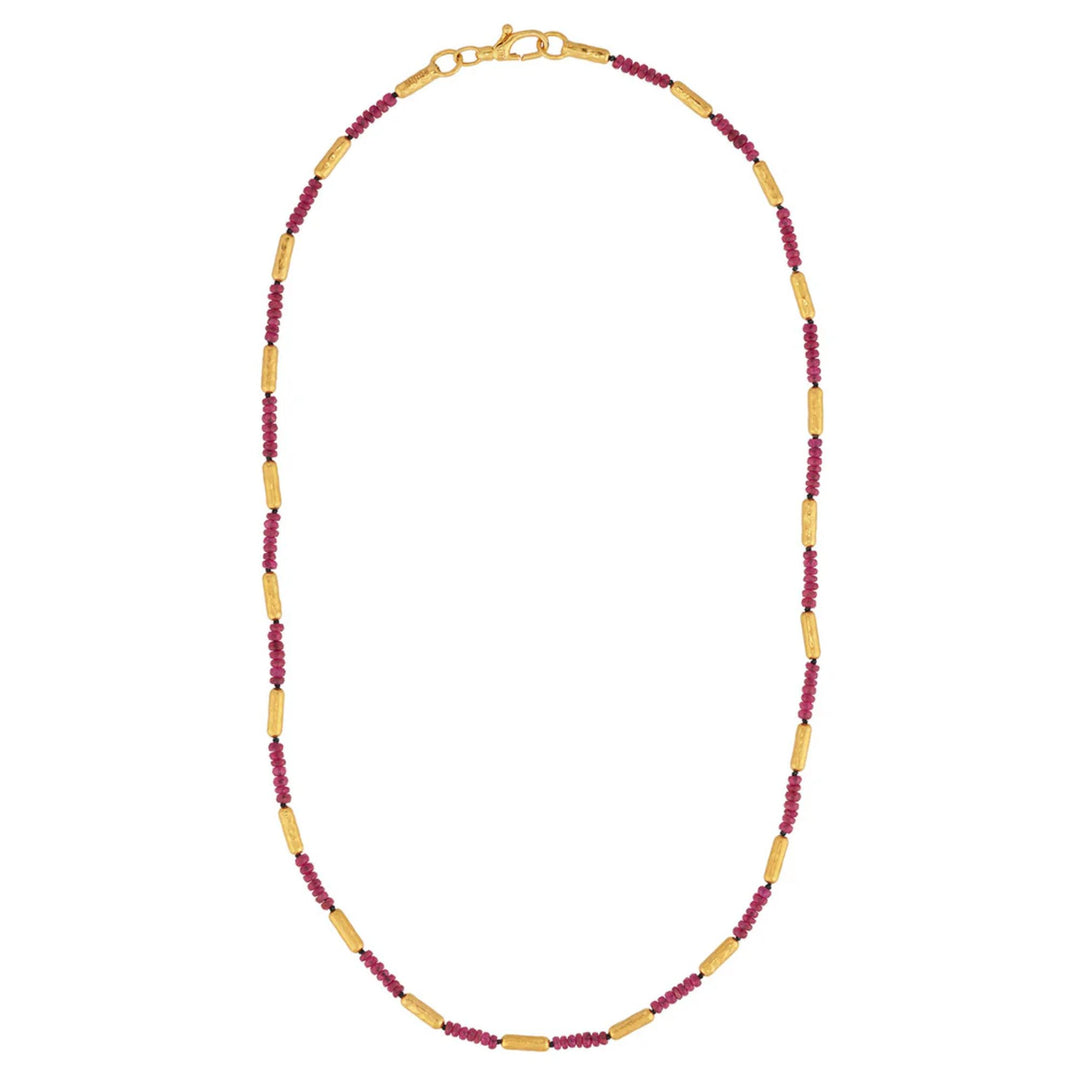 Vertigo Gold Ruby Single Strand Beaded Short Necklace, Thin Gold Tubes