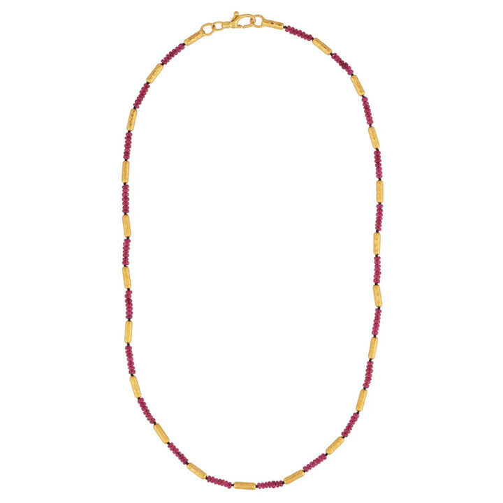 Vertigo Gold Ruby Single Strand Beaded Short Necklace, Thin Gold Tubes