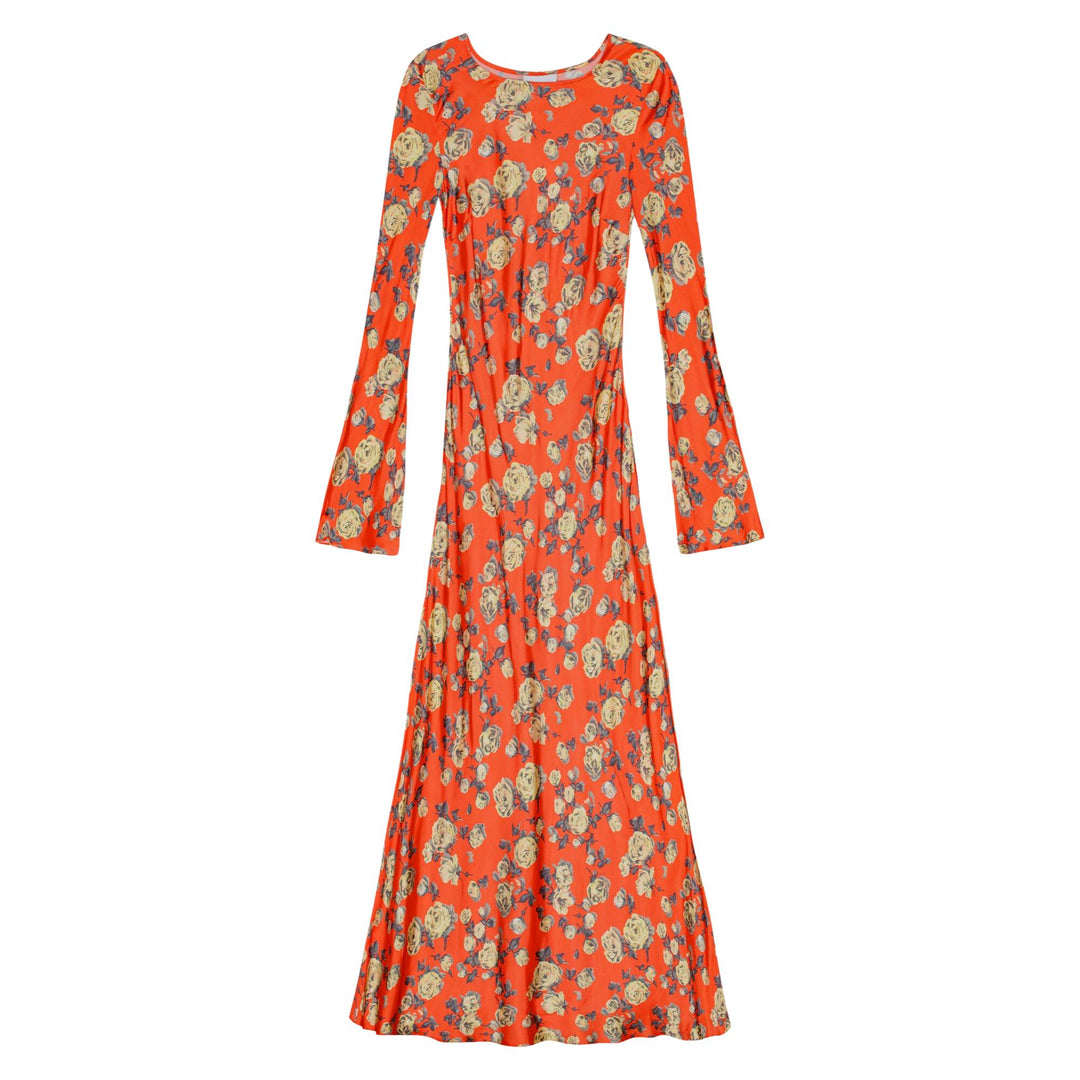 Printed Satin Maxi Dress In Poinciana