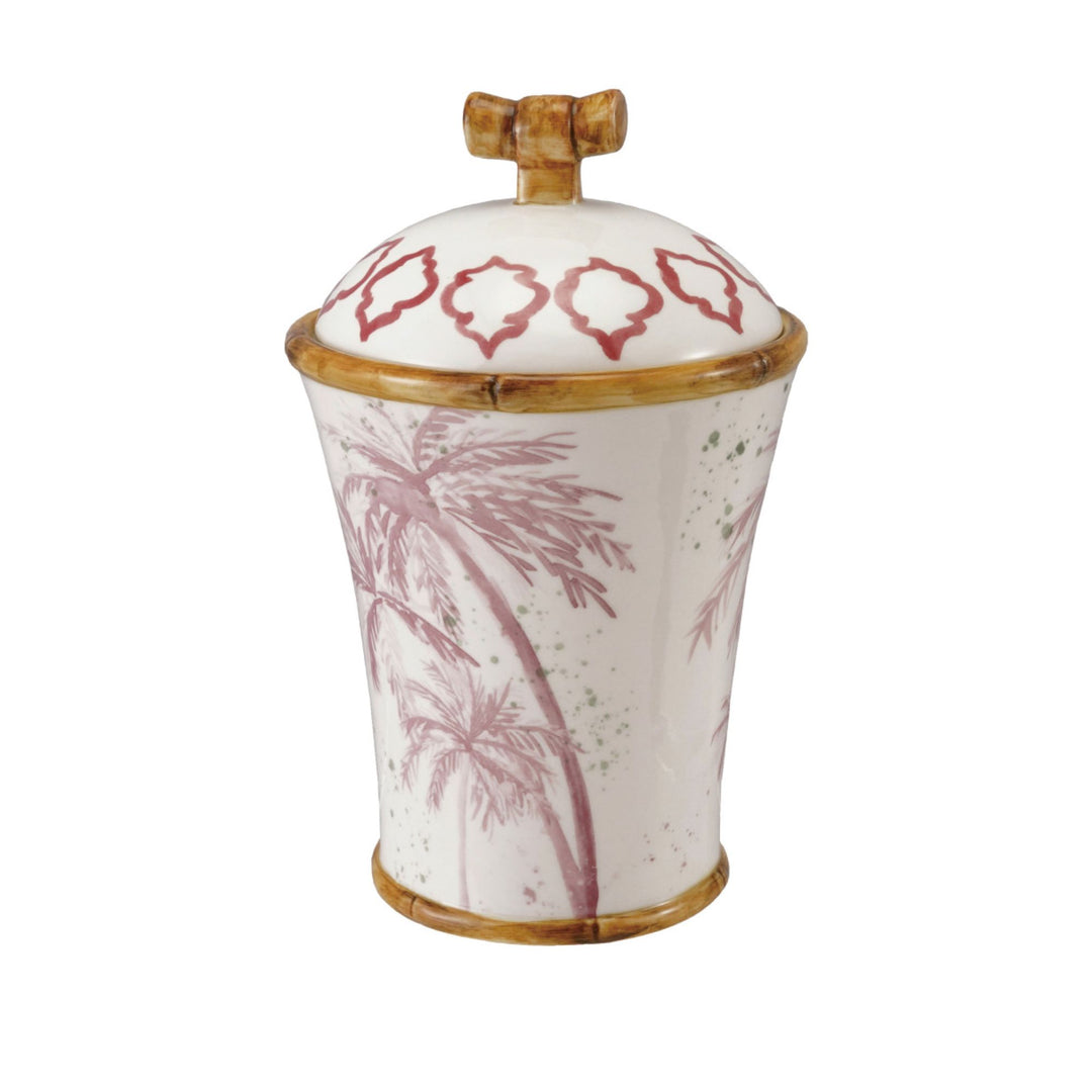 Hand Painted Stoneware Canister w/House, Palm Tree & Bamboo