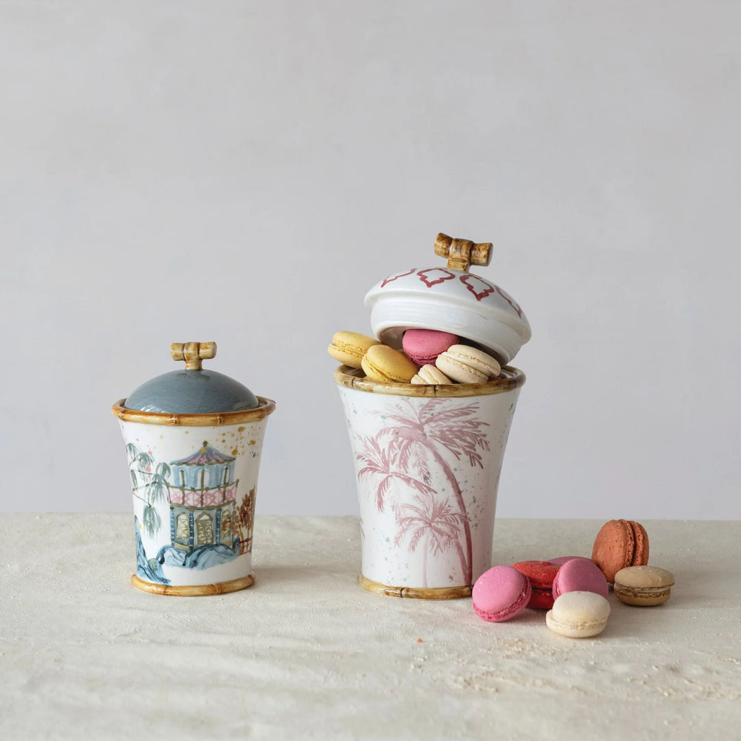 Hand Painted Stoneware Canister w/House, Palm Tree & Bamboo