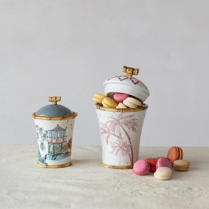 Hand Painted Stoneware Canister w/House, Palm Tree & Bamboo