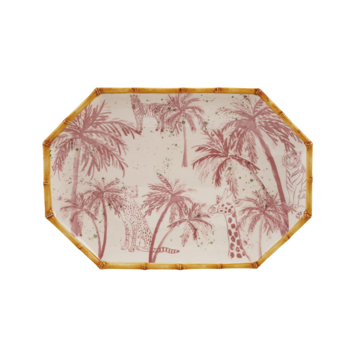 Hand Painted Stoneware Octagon Shaped Platter w/Palm Trees, Animals & Bamboo Style Edge