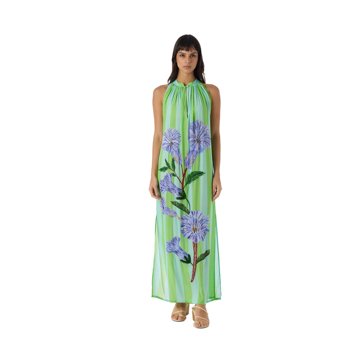 Hand Beaded Sundowner Maxi Dress in Aqua Neelgiri/Stripes