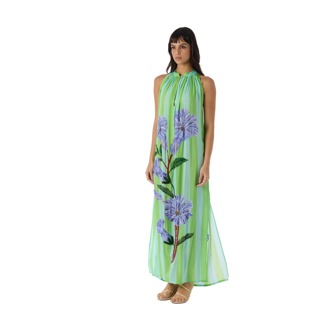 Hand Beaded Sundowner Maxi Dress in Aqua Neelgiri/Stripes