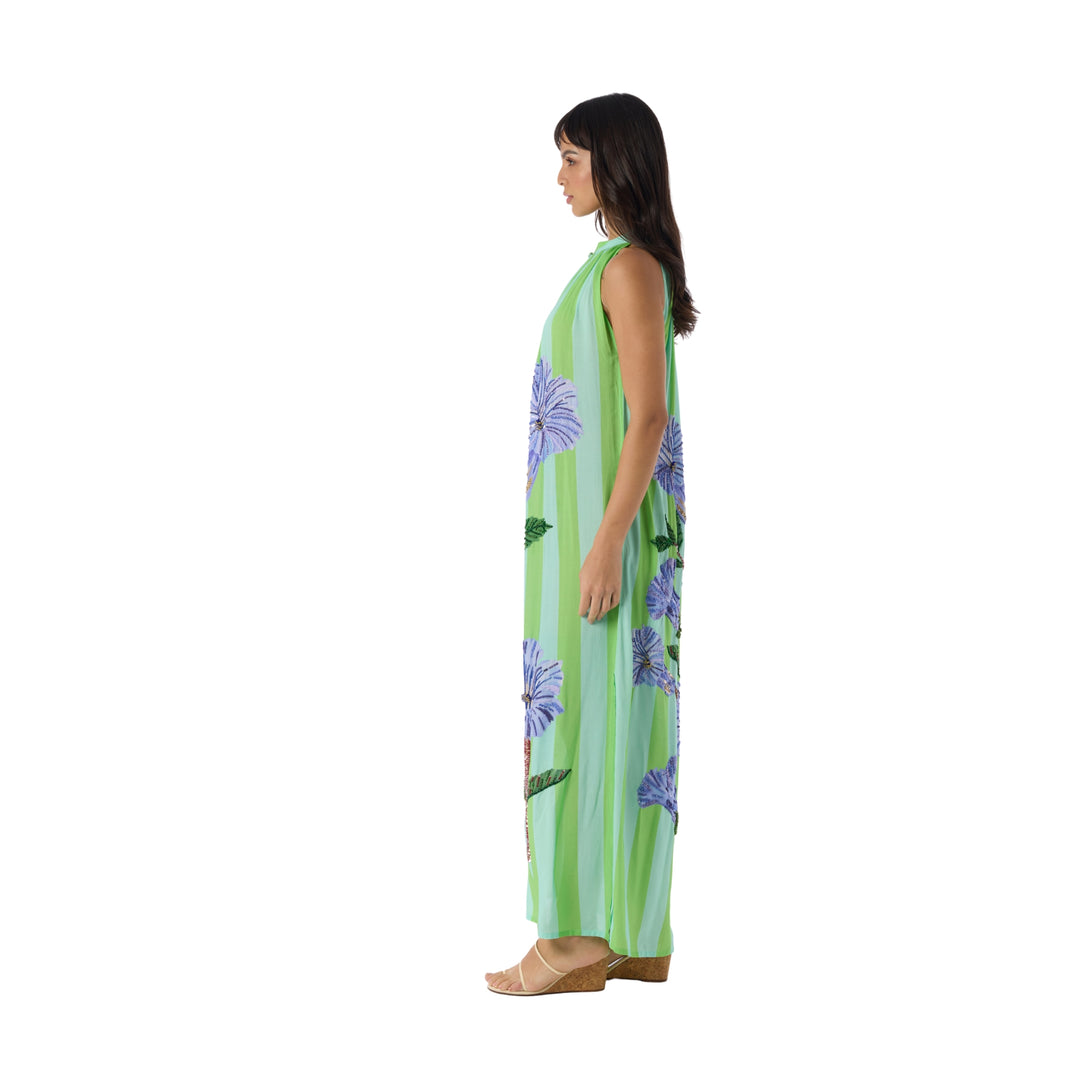 Hand Beaded Sundowner Maxi Dress in Aqua Neelgiri/Stripes