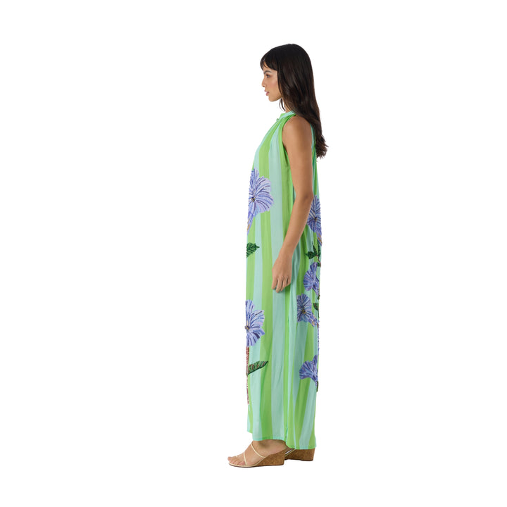 Hand Beaded Sundowner Maxi Dress in Aqua Neelgiri/Stripes