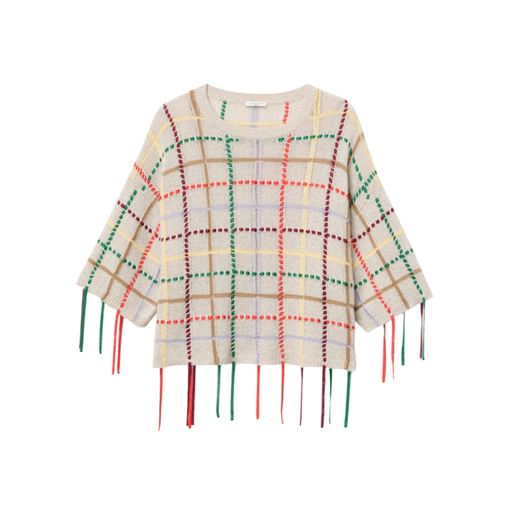 Hand Embellished Grid Sweater in Taupe Multi