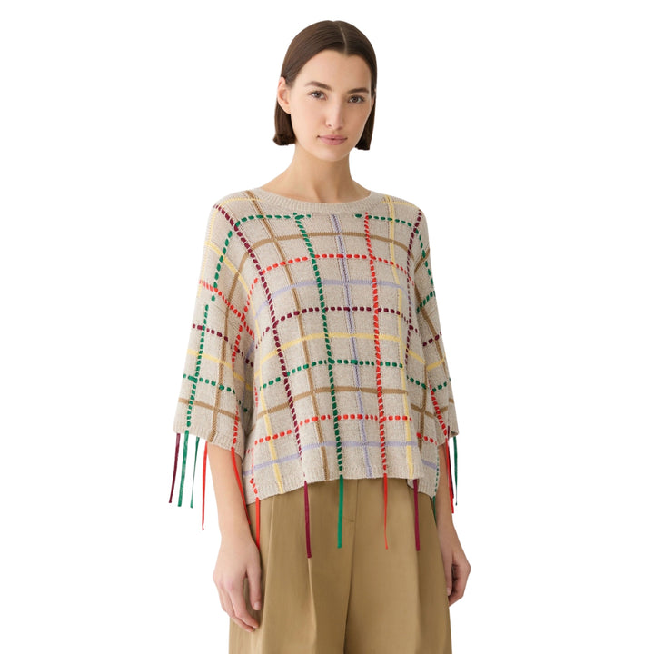 Hand Embellished Grid Sweater in Taupe Multi