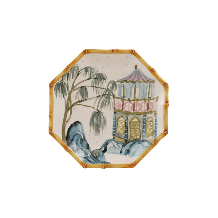 Hand Painted Stoneware Octagon Shaped Plate with House, Palm Tree & Bamboo Style Edge