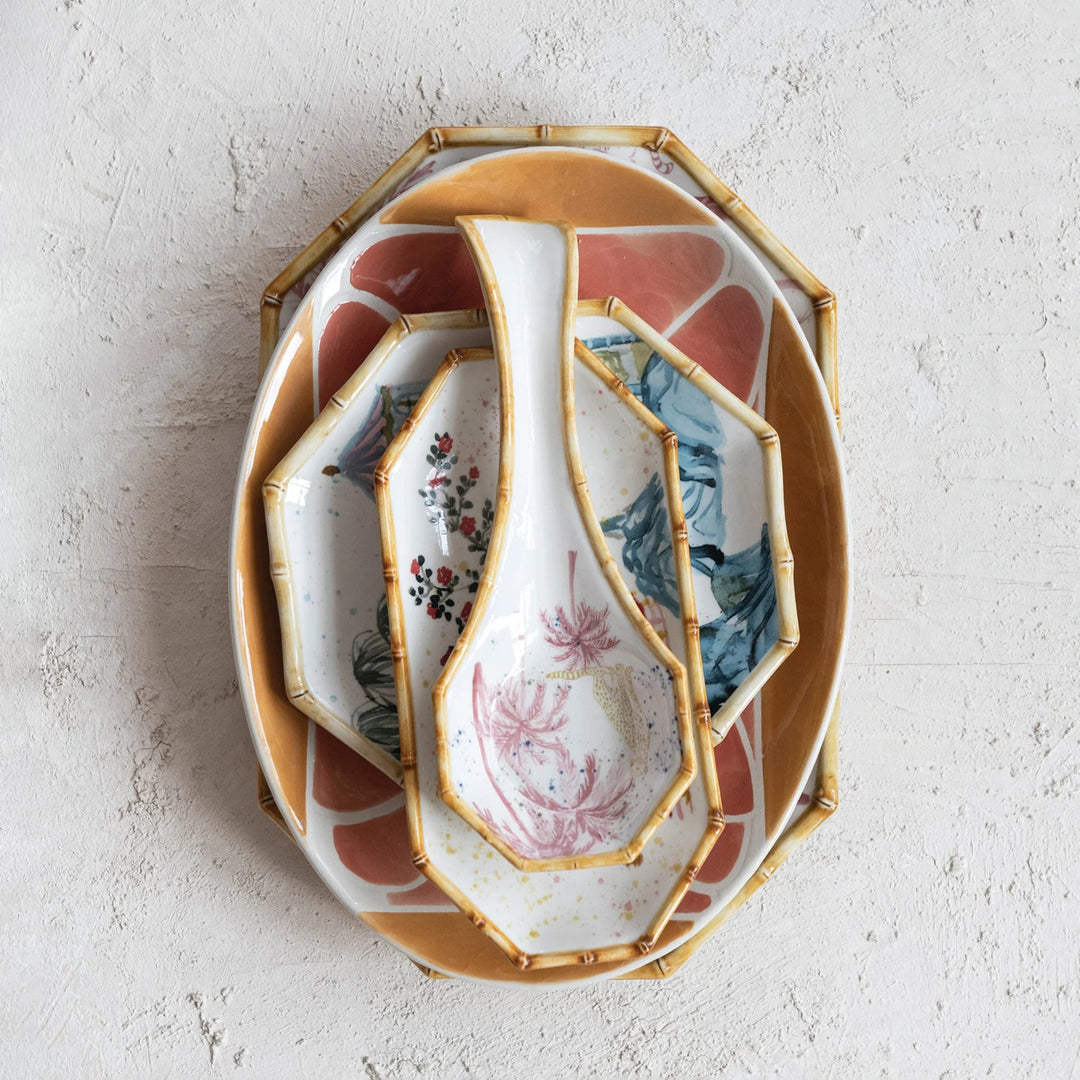 Hand Painted Stoneware Octagon Shaped Plate with House, Palm Tree & Bamboo Style Edge