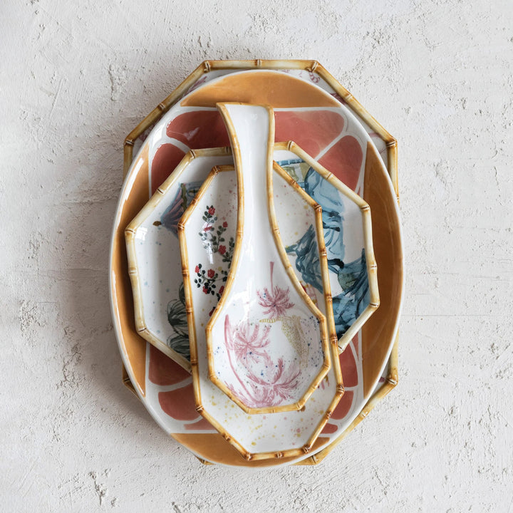 Hand Painted Stoneware Octagon Shaped Plate with House, Palm Tree & Bamboo Style Edge