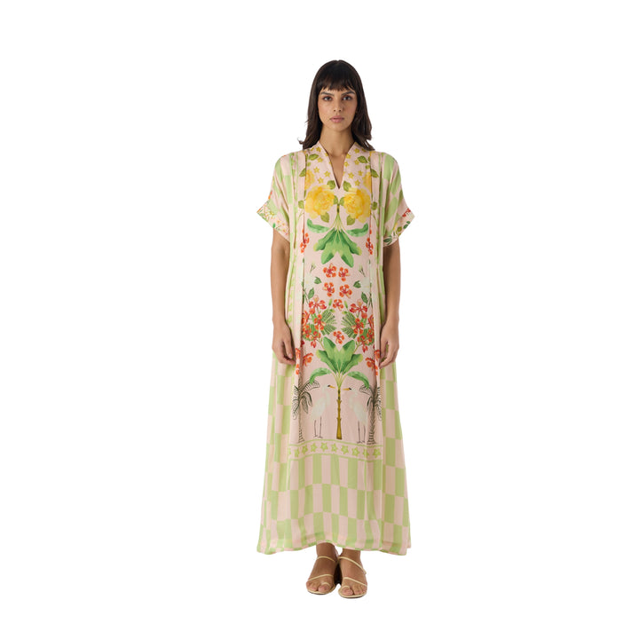 Hand Pleated Kaftan Dress in Blush/Sage Green