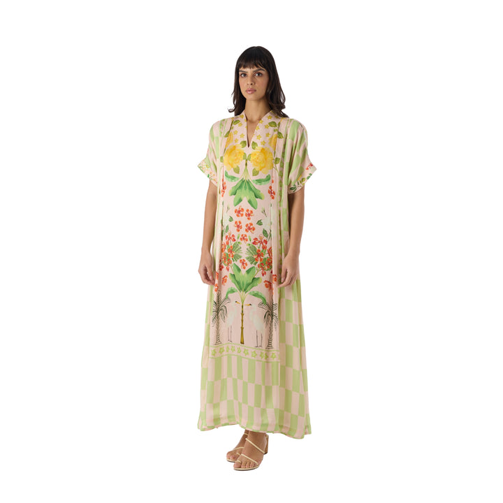 Hand Pleated Kaftan Dress in Blush/Sage Green