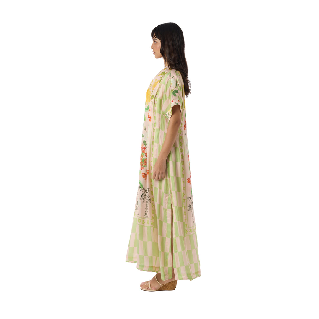 Hand Pleated Kaftan Dress in Blush/Sage Green