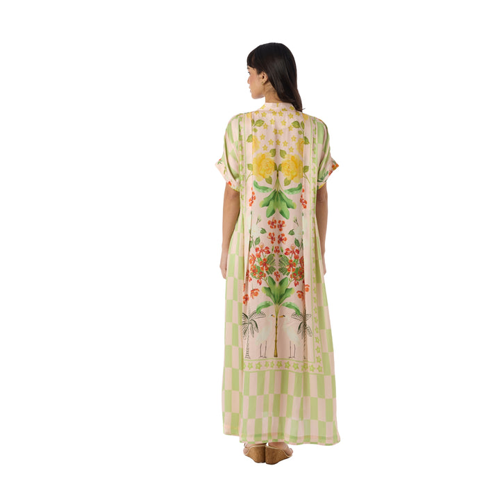 Hand Pleated Kaftan Dress in Blush/Sage Green