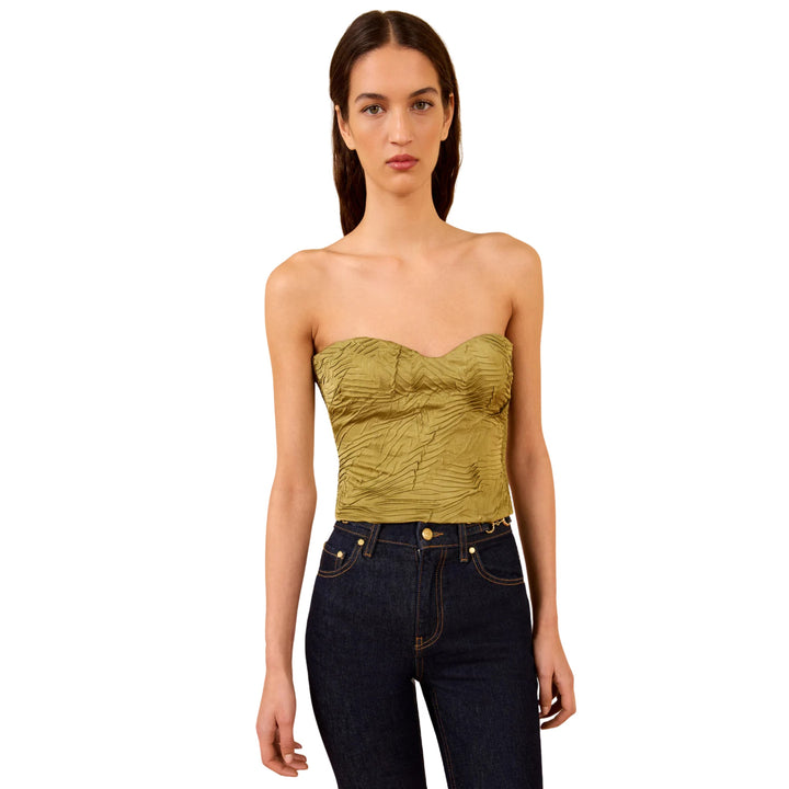 Heleen Satin Cropped Bustier Top in Moss Gold