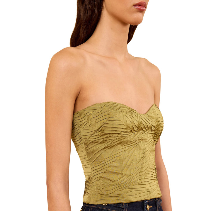 Heleen Satin Cropped Bustier Top in Moss Gold