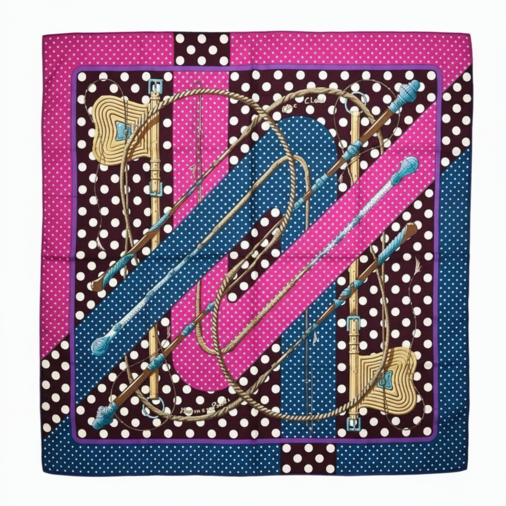 Decorative scarf with polka dot border featuring musical instruments on a white background