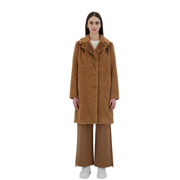 Herno Soft Faux Fur Long Coat in Camel