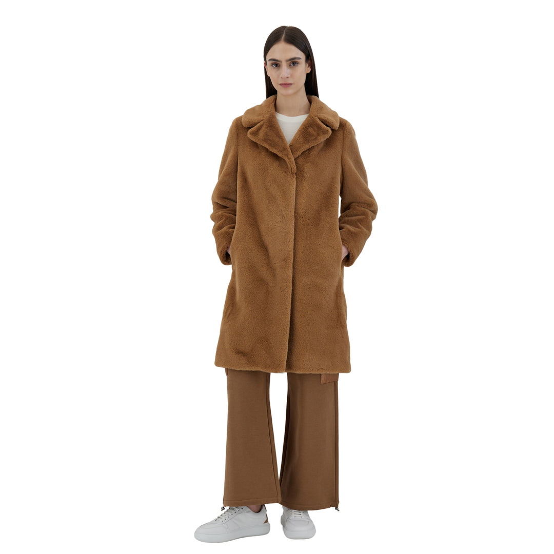 Herno Soft Faux Fur Long Coat in Camel