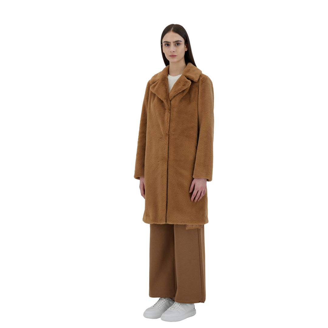 Herno Soft Faux Fur Long Coat in Camel