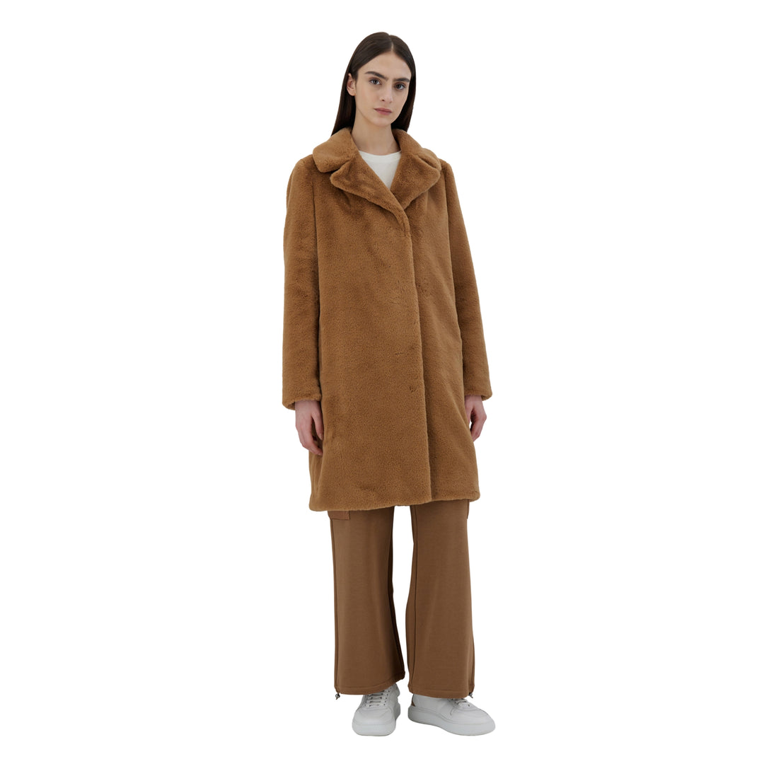 Herno Soft Faux Fur Long Coat in Camel