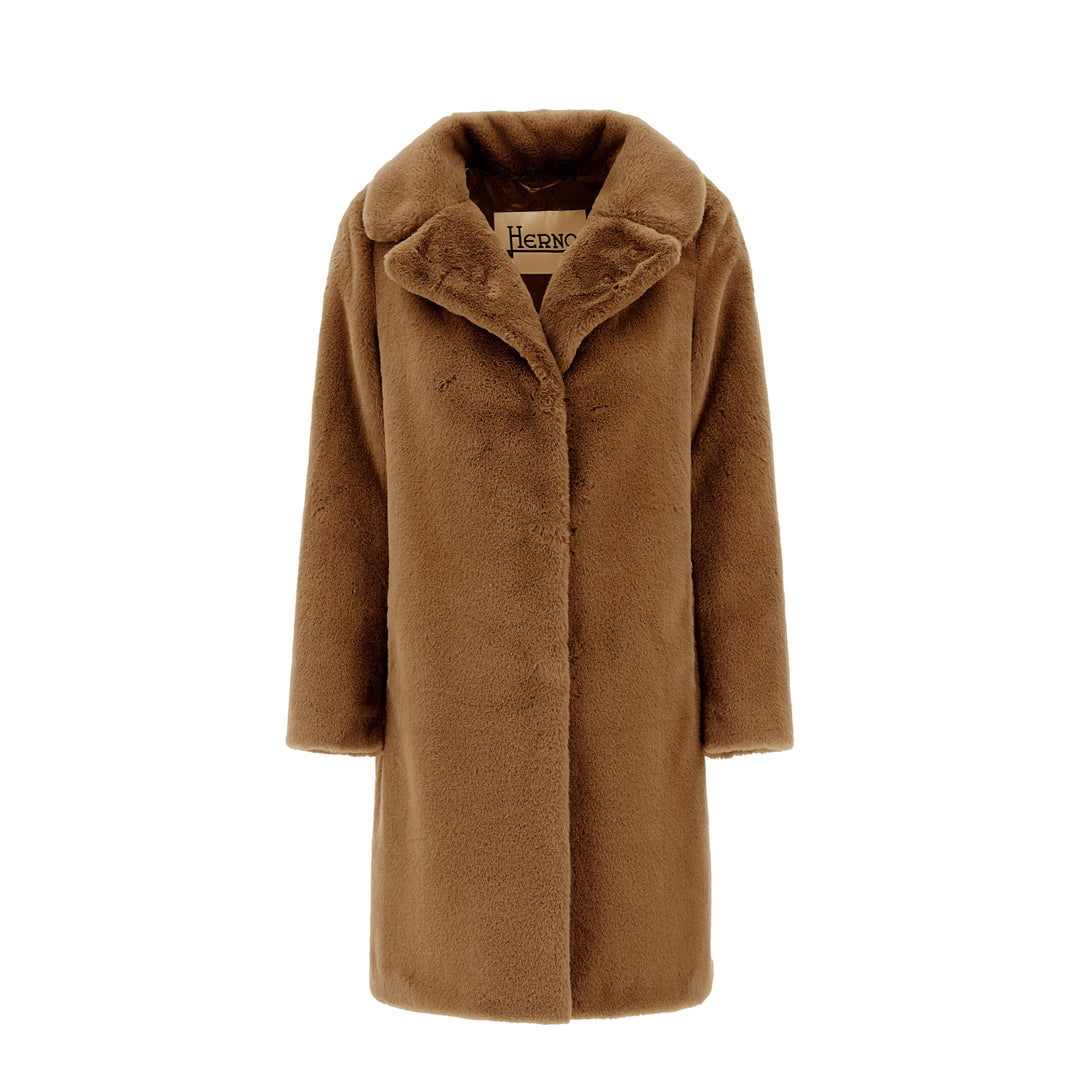 Herno Soft Faux Fur Long Coat in Camel