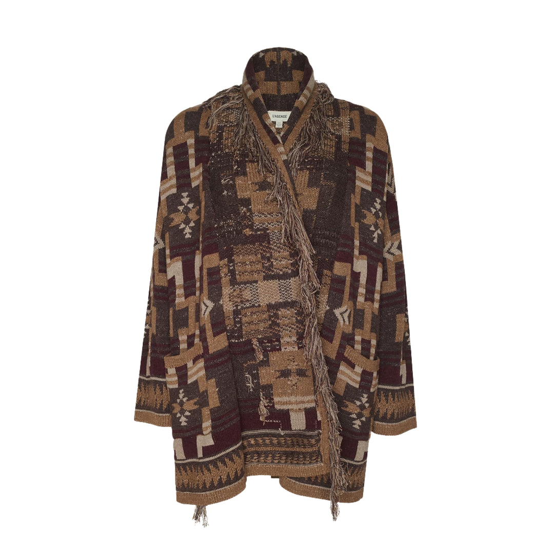 Jair Jacquard Fringe Cardigan in Dark Java/Burgundy Multi