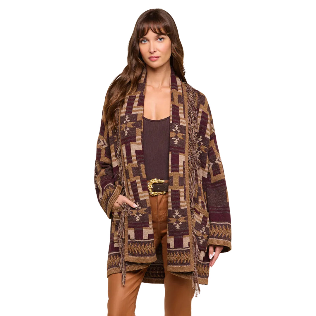 Jair Jacquard Fringe Cardigan in Dark Java/Burgundy Multi