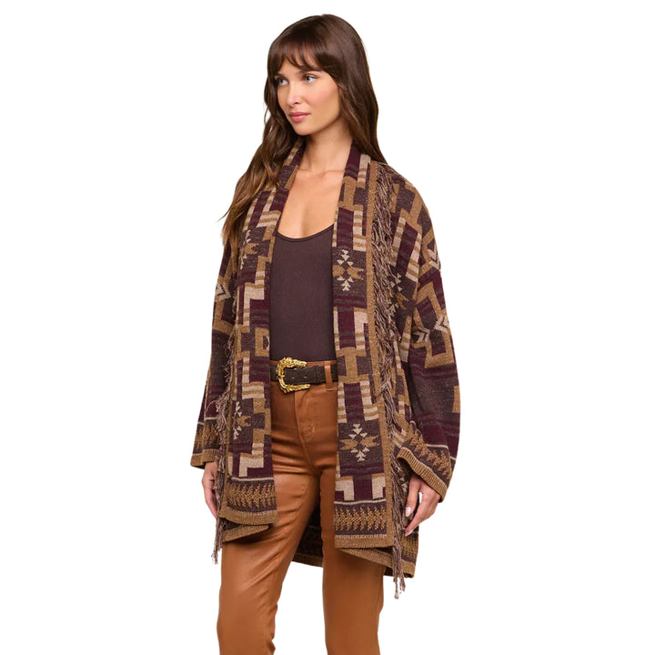 Jair Jacquard Fringe Cardigan in Dark Java/Burgundy Multi