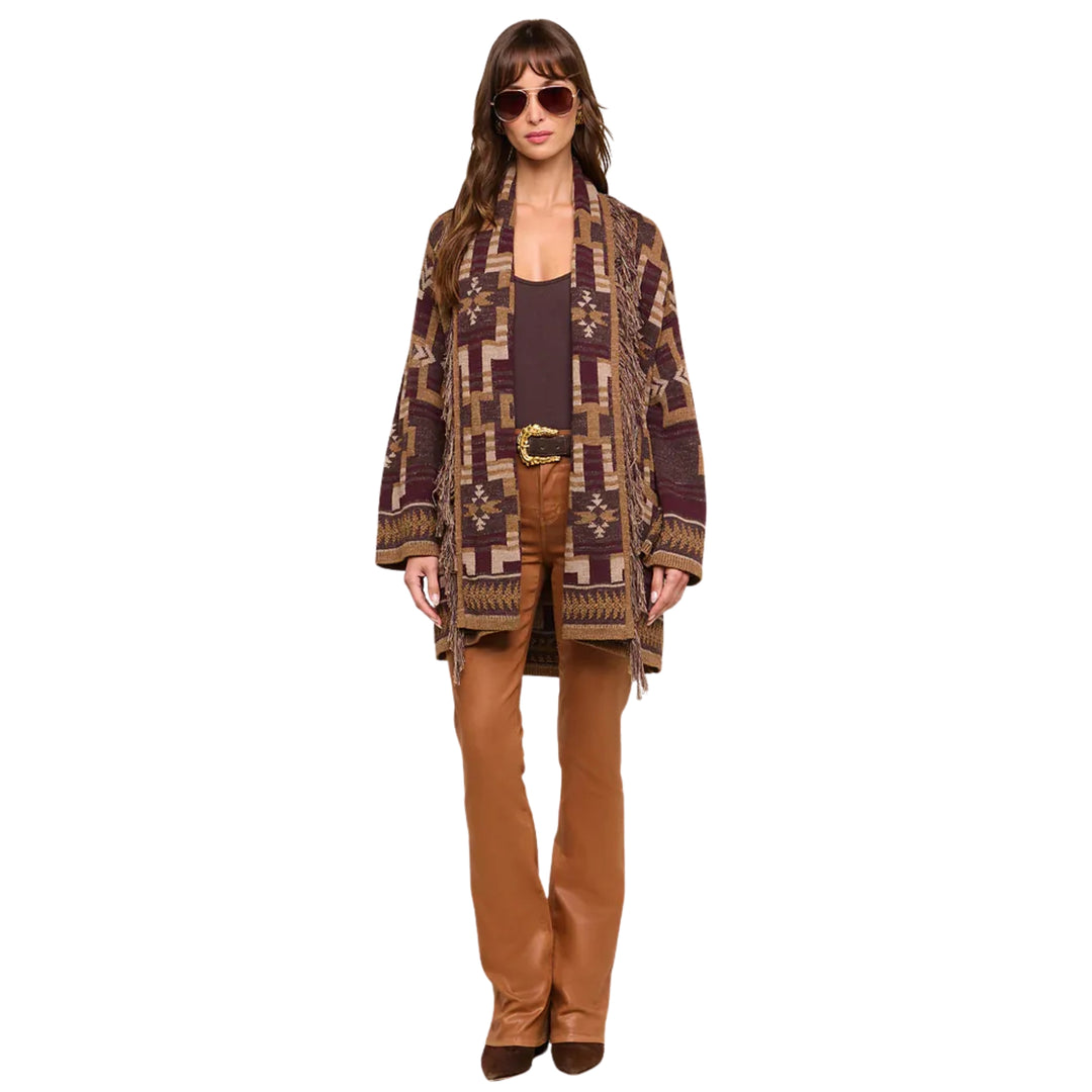 Jair Jacquard Fringe Cardigan in Dark Java/Burgundy Multi