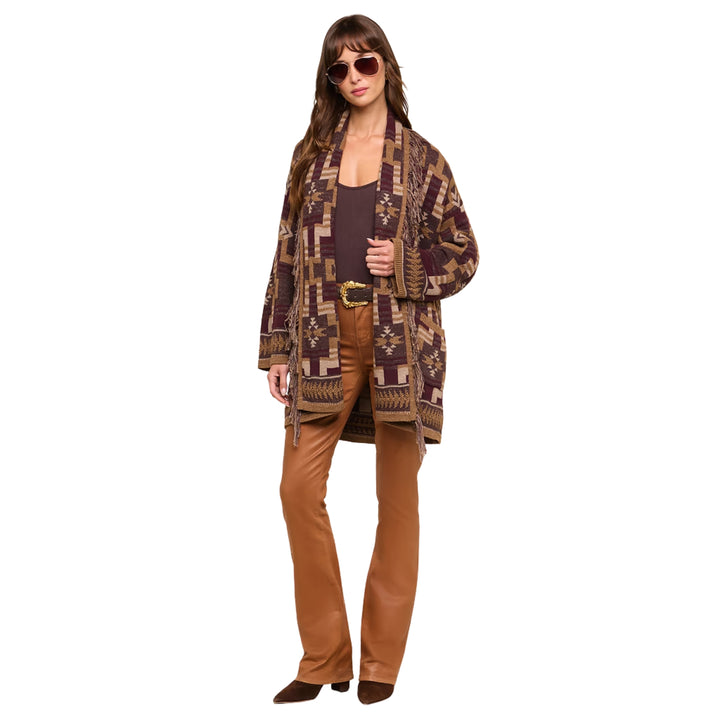 Jair Jacquard Fringe Cardigan in Dark Java/Burgundy Multi