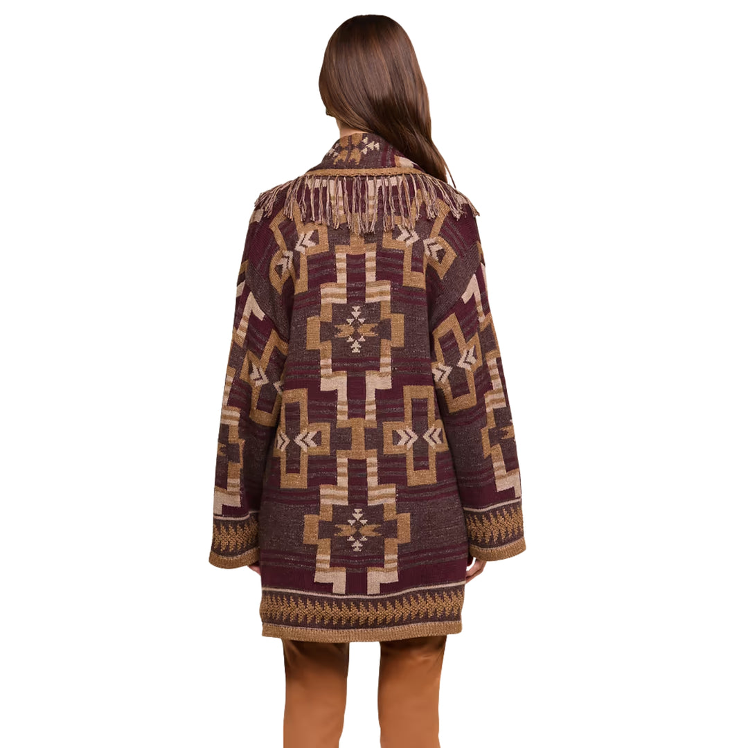 Jair Jacquard Fringe Cardigan in Dark Java/Burgundy Multi