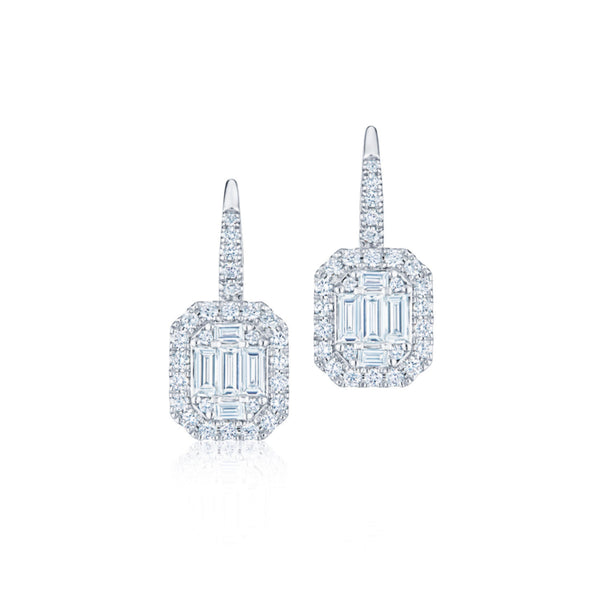 Sunburst Emerald Cut Diamond Drop Earrings with Halo in 18K White Gold