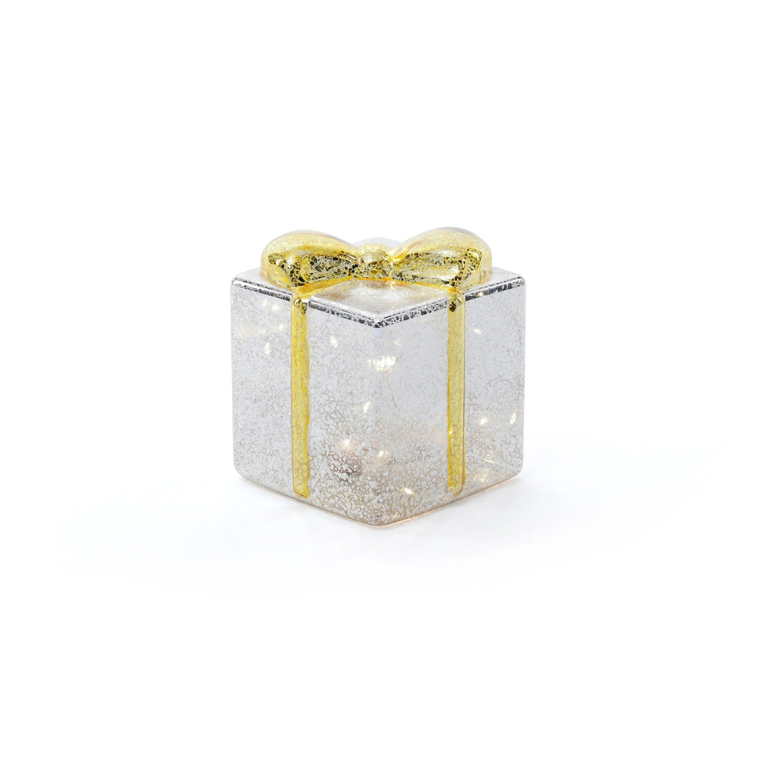 LED Glass Present - Silver/Gold Ribbon