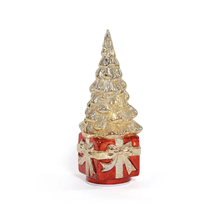LED Rotating Tree on Present, Gold/Red