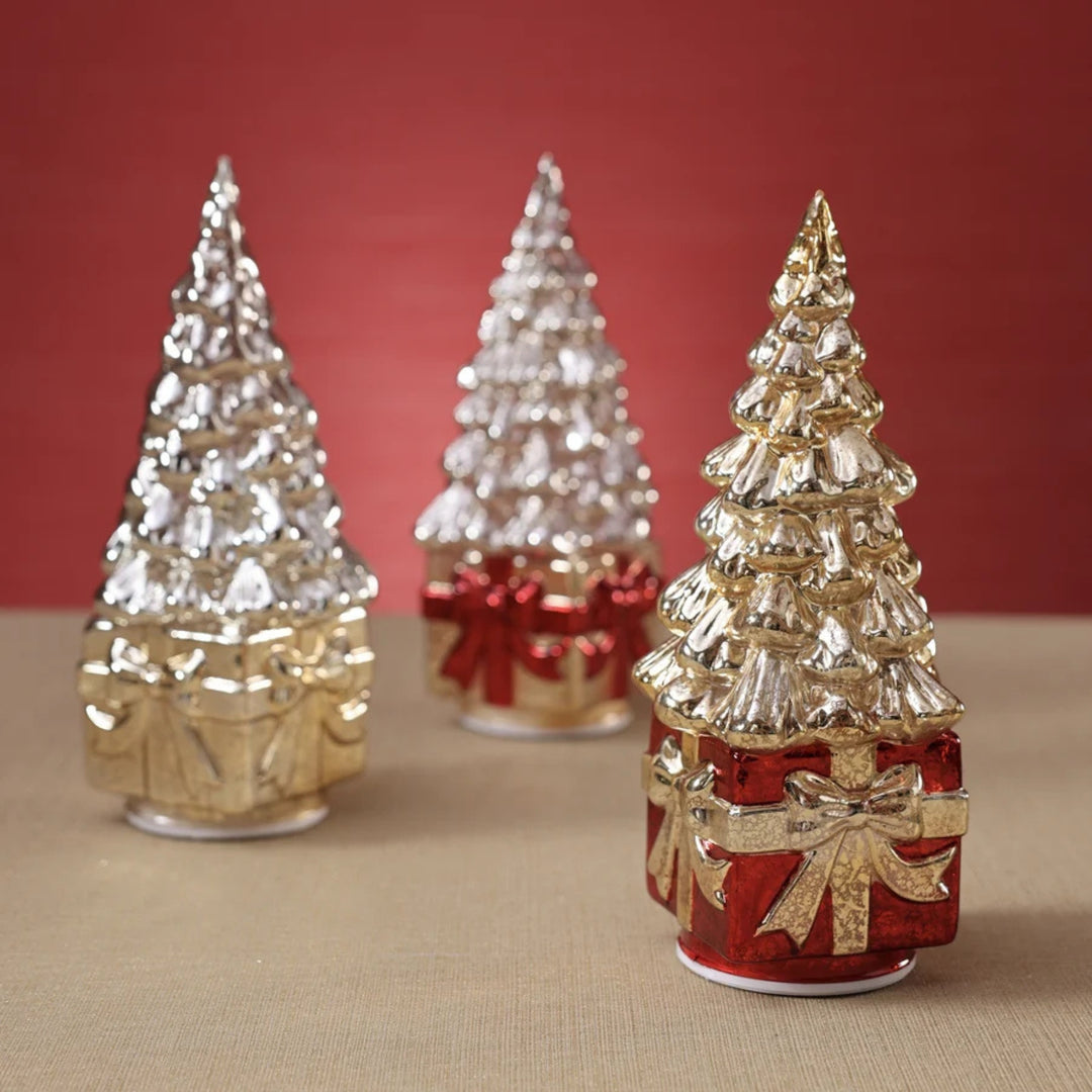LED Rotating Tree on Present, Gold/Red