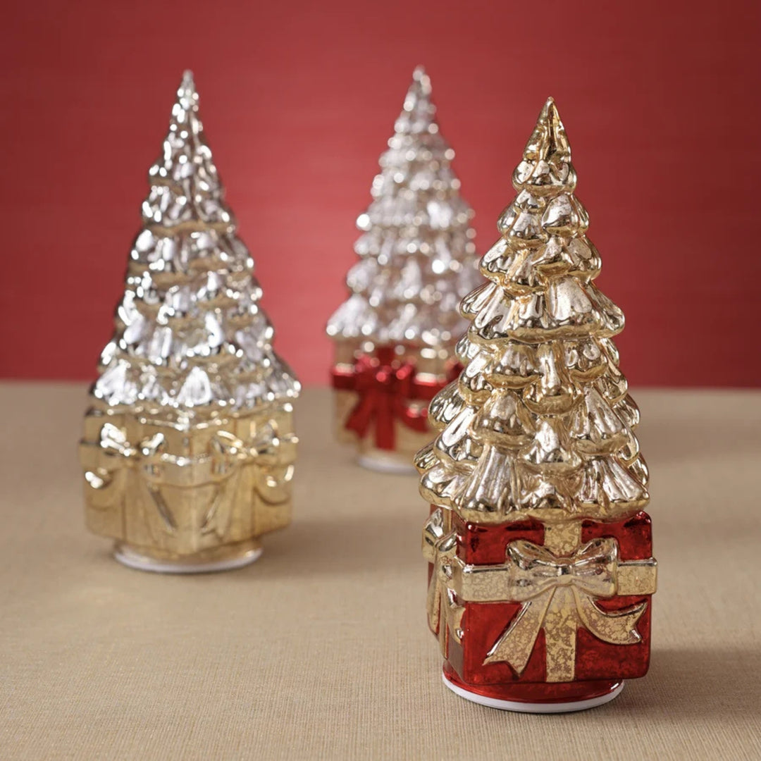 LED Rotating Tree on Present, Gold/Red