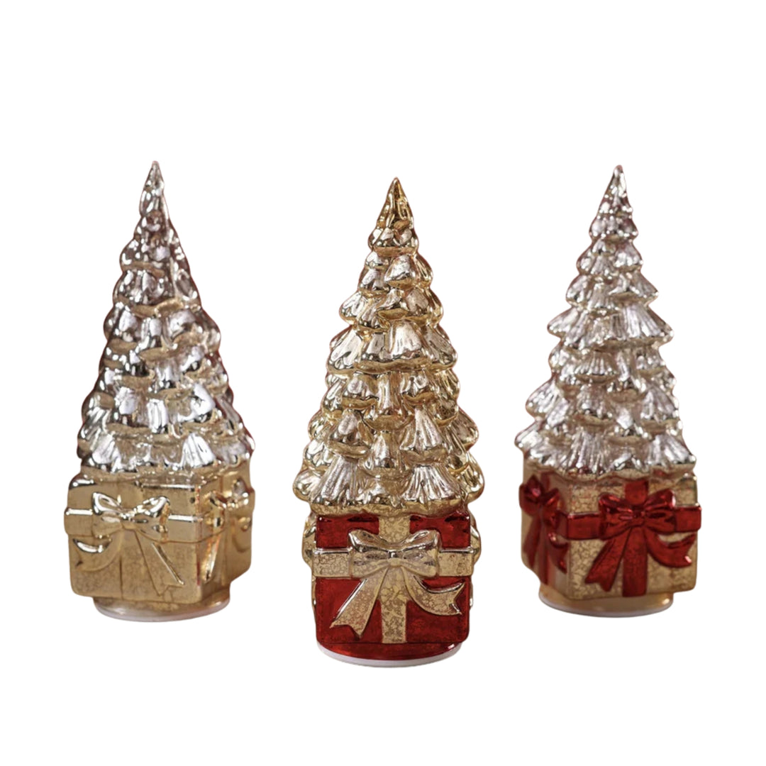 LED Rotating Tree on Present, Gold/Red
