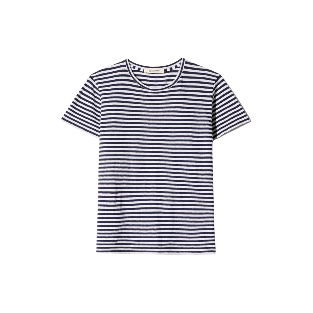Lana Crewneck Tee in White/Dark Navy Stripe