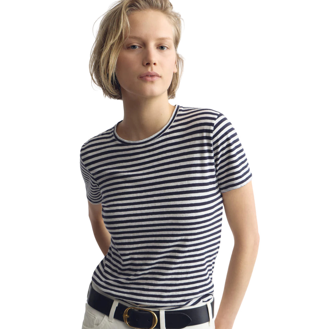 Lana Crewneck Tee in White/Dark Navy Stripe