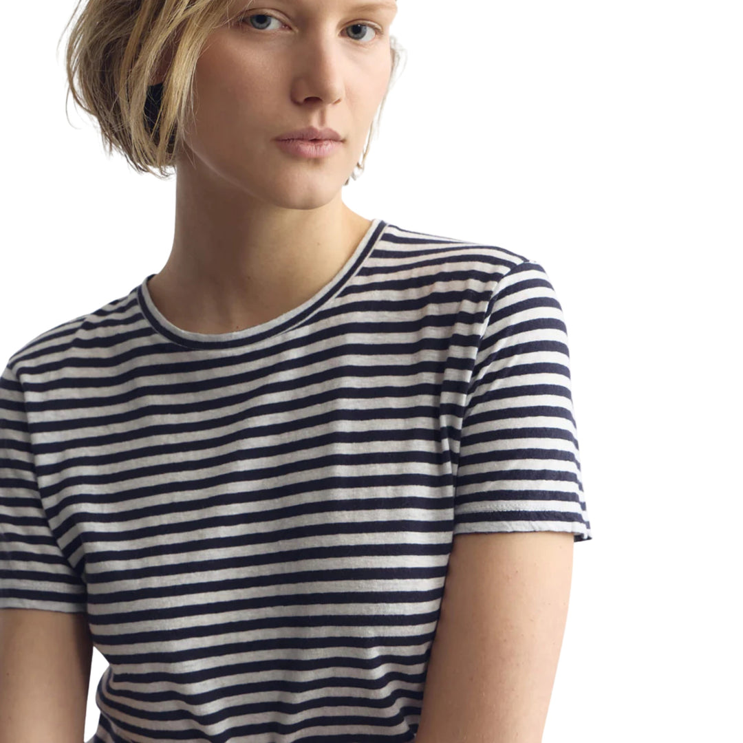 Lana Crewneck Tee in White/Dark Navy Stripe