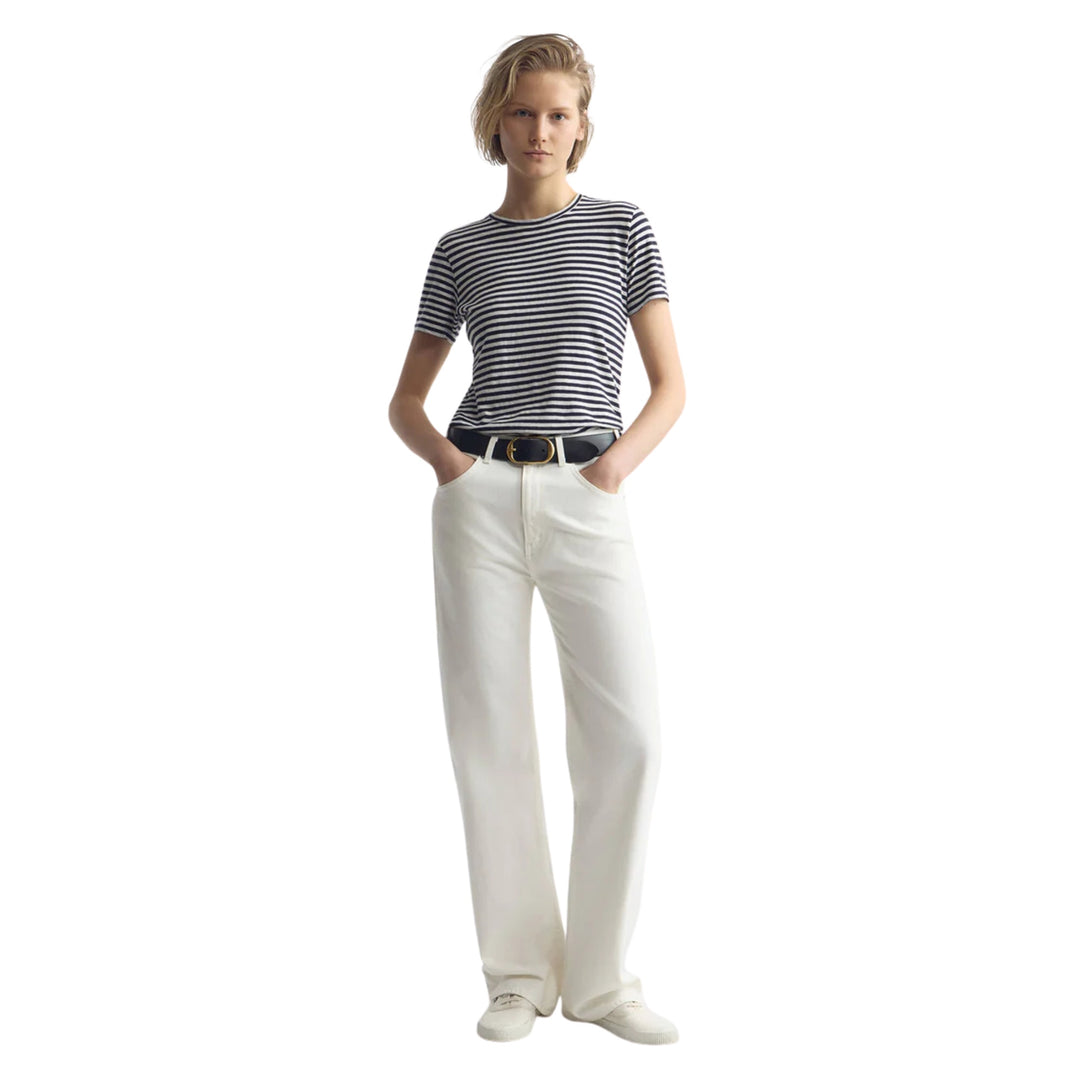 Lana Crewneck Tee in White/Dark Navy Stripe