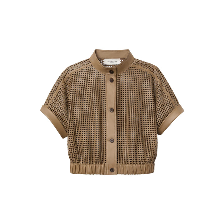 Laser Cut Short Sleeve Short Jacket in Green Clay