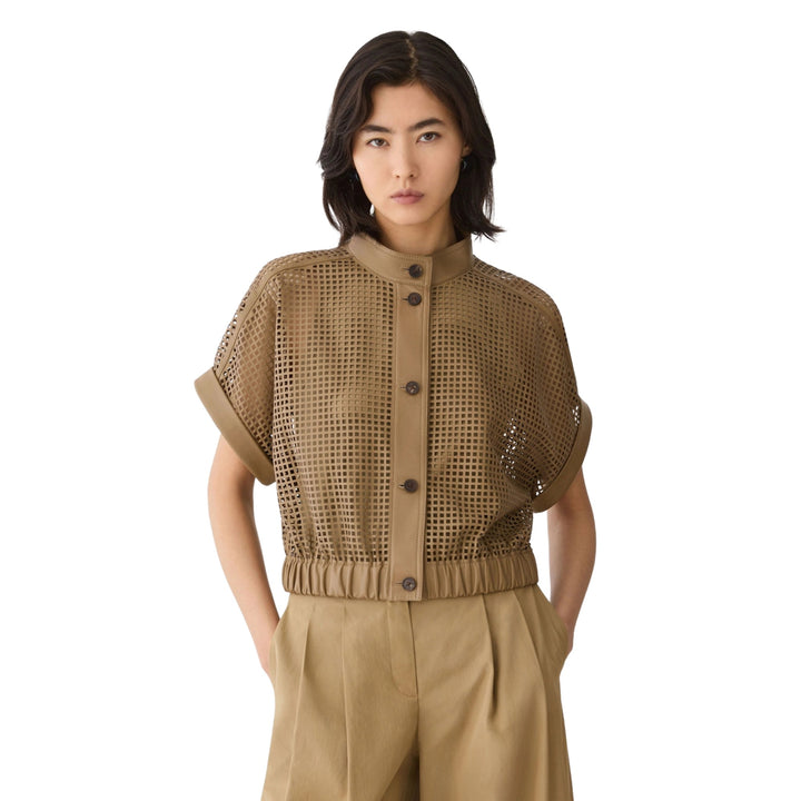 Laser Cut Short Sleeve Short Jacket in Green Clay