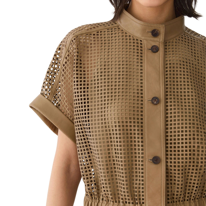 Laser Cut Short Sleeve Short Jacket in Green Clay